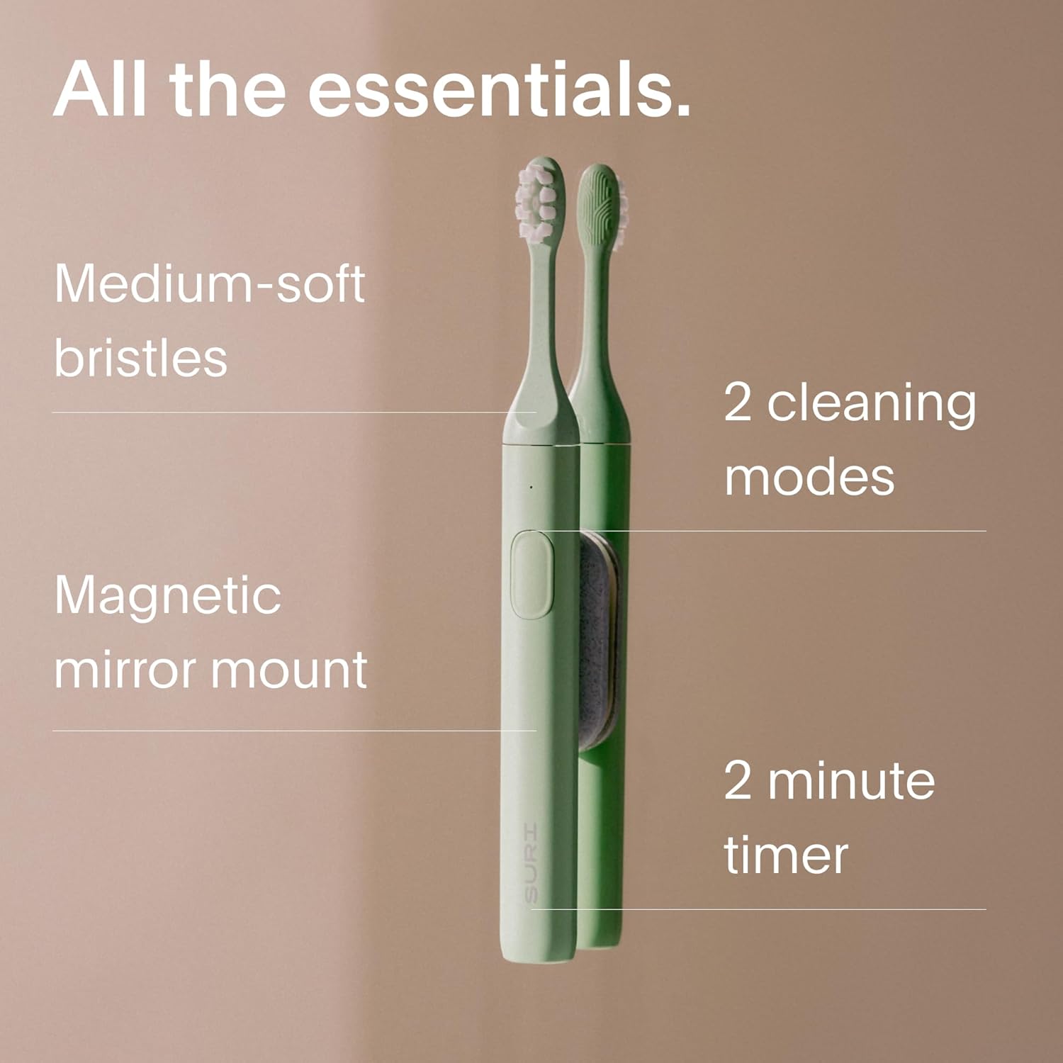 SURI 1.0 Sonic Electric Toothbrush | 1 Month+ Battery | Designed in California | Sustainable Electric Toothbrush for Adults | Travel Toothbrushes | Tooth Brush | Green