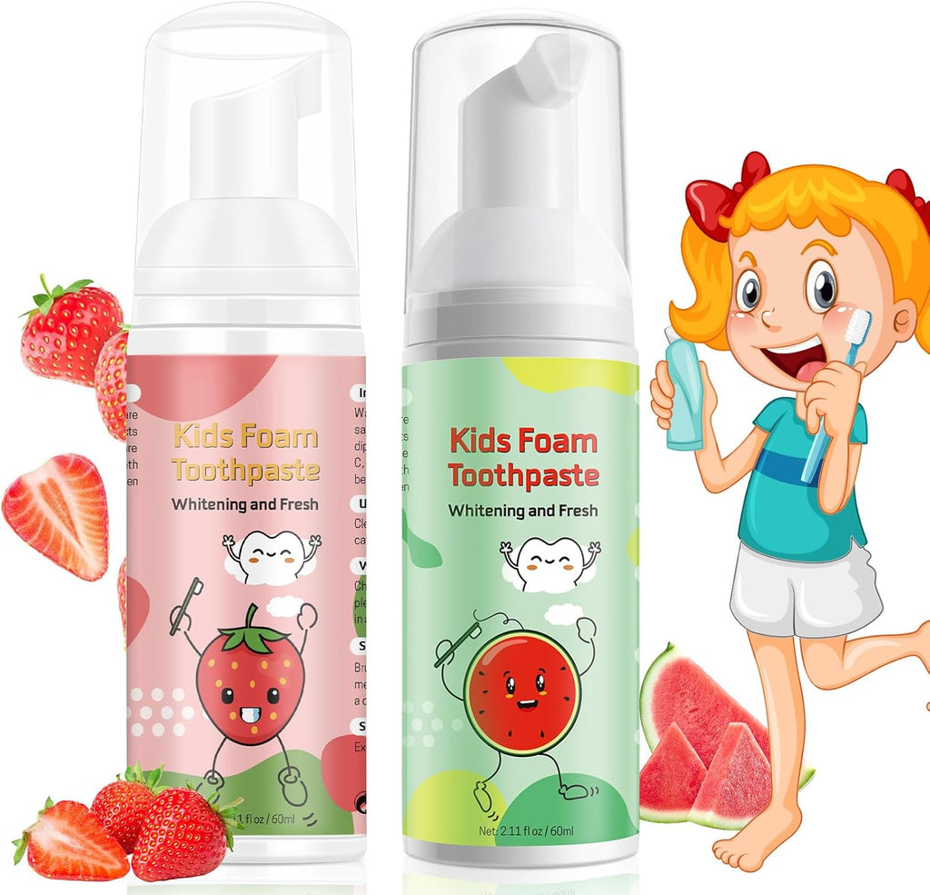 Foam Toothpaste Kids, Toddler Toothpaste with Low Fluoride, Kids Toothpaste for U Shaped Toothbrush Electric Toothbrush, Foam Toothpaste for Children Ages 3 Plus (Watermelon+Strawberry)