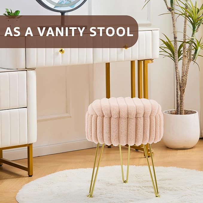 Wimarsbon Vanity Stool with Storage, Faux Fur Ottoman Chair with Metal Legs, Round Makeup Vanity Chair for Bedroom or Dressing Table, Modern Small Ottoman Seat (Beige)