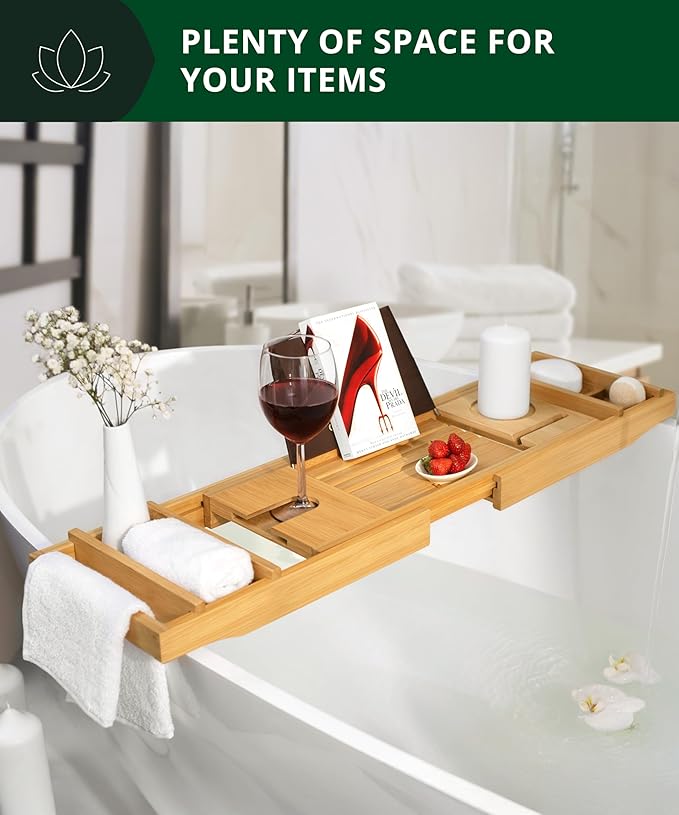 Non-Foldable Bathtub Tray Caddy for Tub, Bamboo Bath Shelf, Premium Wood Bath Table, Expandable Bathtub & Bathroom Accessories, New Home Gifts for Mom, Housewarming, Anniversary