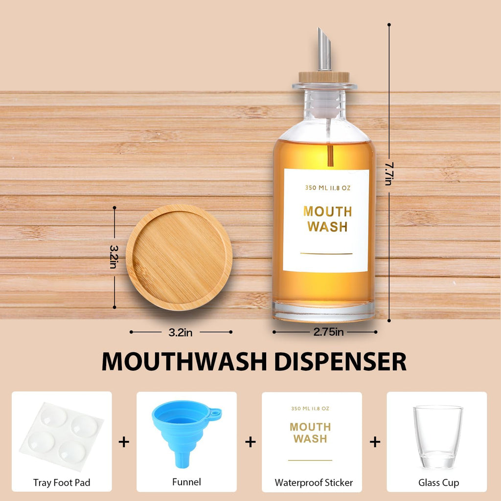 11.8OZ Glass Mouthwash Dispenser for Bathroom with Stainless Steel & Bamboo Nozzle, Mouthwash Cup Reusable, Bamboo Tray, and Elegant Gold Sticker.（Clear