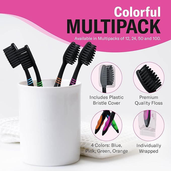 Charcoal Bulk Toothbrushes Individually Wrapped - Deep Clean Charcoal Infused Soft Bristle – Multi Colored Tooth Brush with Covers - for Travel, Kids, Family, Dental Care Etc. 100 Count