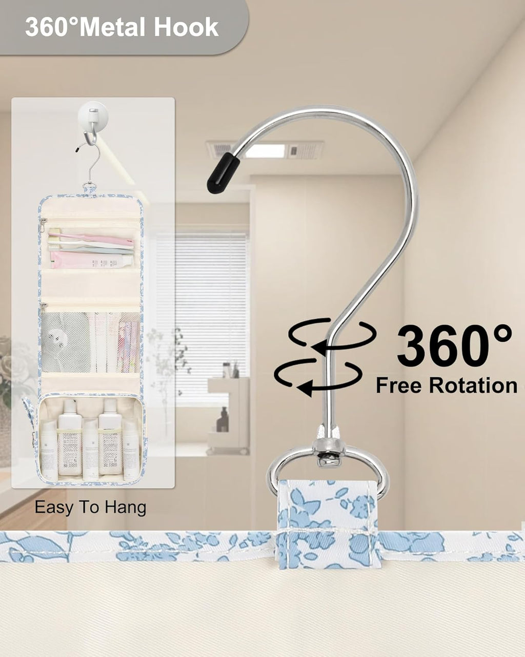 Relavel Small Hanging Toiletry Bag for Men and Women, Portable Hanging Organizer for Travel-Sized Shower Dopp Kit, Waterproof Toiletries Organizer with 3 Compartments for Outdoor - Blue Flower