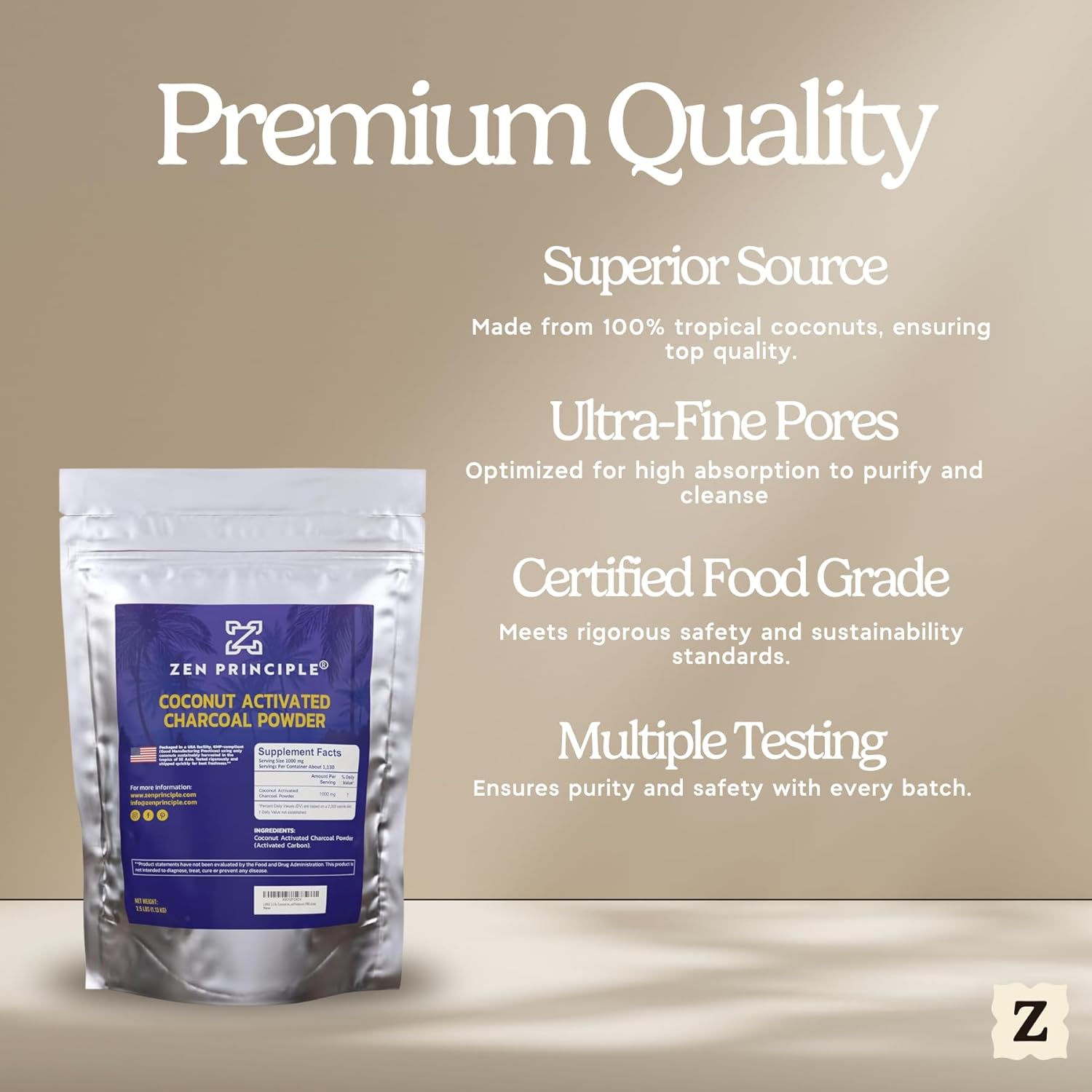 Zen Principle Coconut Activated Charcoal Powder. Whitens Teeth, Rejuvenates Skin and Hair, Supports Better Digestion. USA-Owned Producers, 2.5 lb