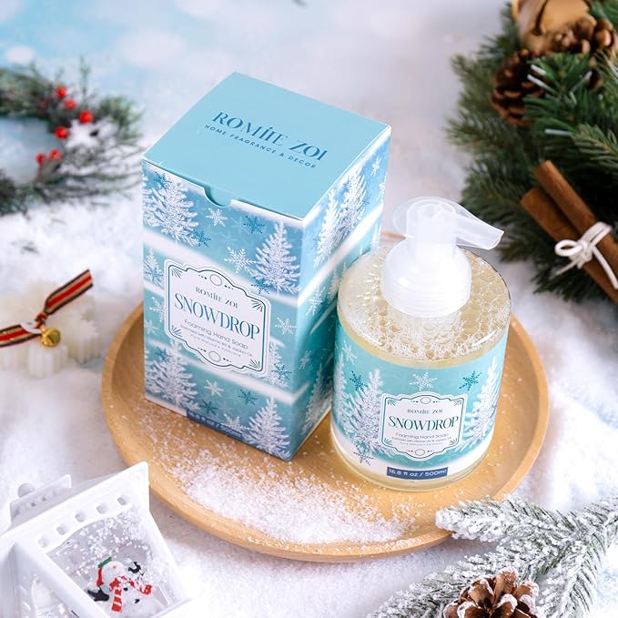 ROMIIE ZOI Christmas Foaming Hand Soap with Gift Box- Snowdrop, Infused with Peppermint - 500ml/ 16.8oz