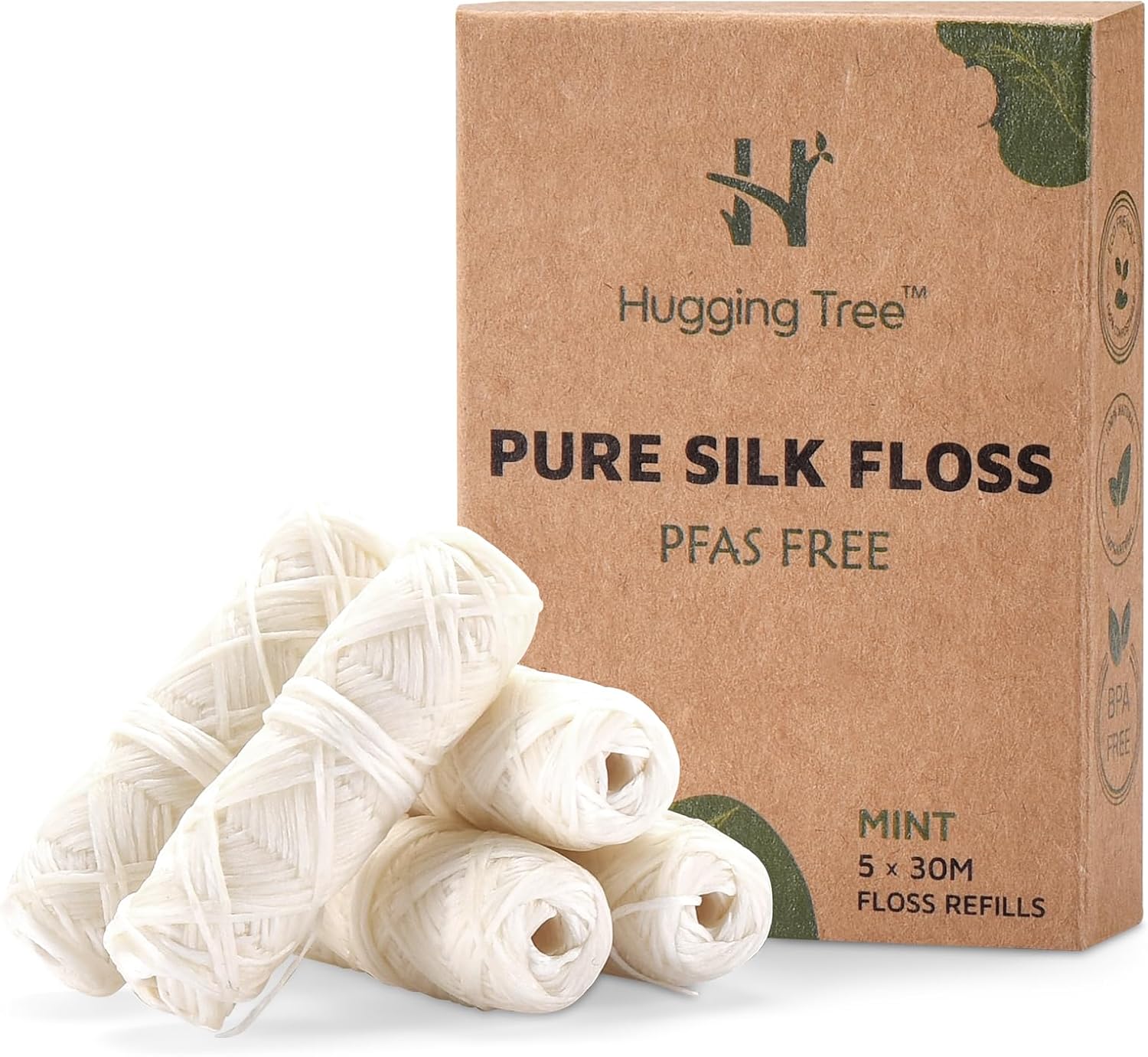 Natural Silk Dental Floss Refills | PFAS Free Dental Floss | Zero Waste Biodegradable | Mint (5 Pack, 33 Yards Each)