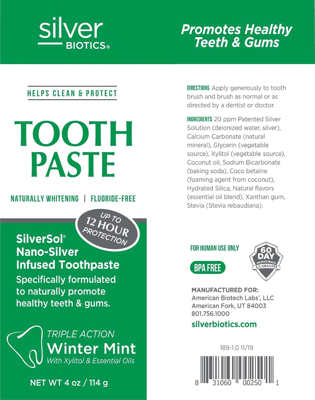 Silver Biotics Tooth Paste | SilverSol Ag₄O₄ 20 ppm Nano-Silver Infused + Above-Sea Coral Calcium | Naturally Whitening | Flouride-Free | Winter Mint | 4 oz