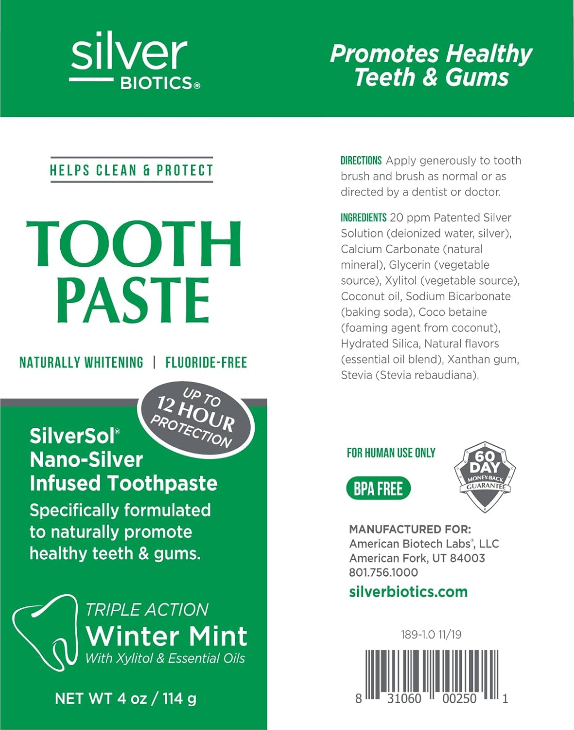 Silver Biotics Tooth Paste | SilverSol Ag₄O₄ 20 ppm Nano-Silver Infused + Above-Sea Coral Calcium | Naturally Whitening | Flouride-Free | Winter Mint | 4 oz