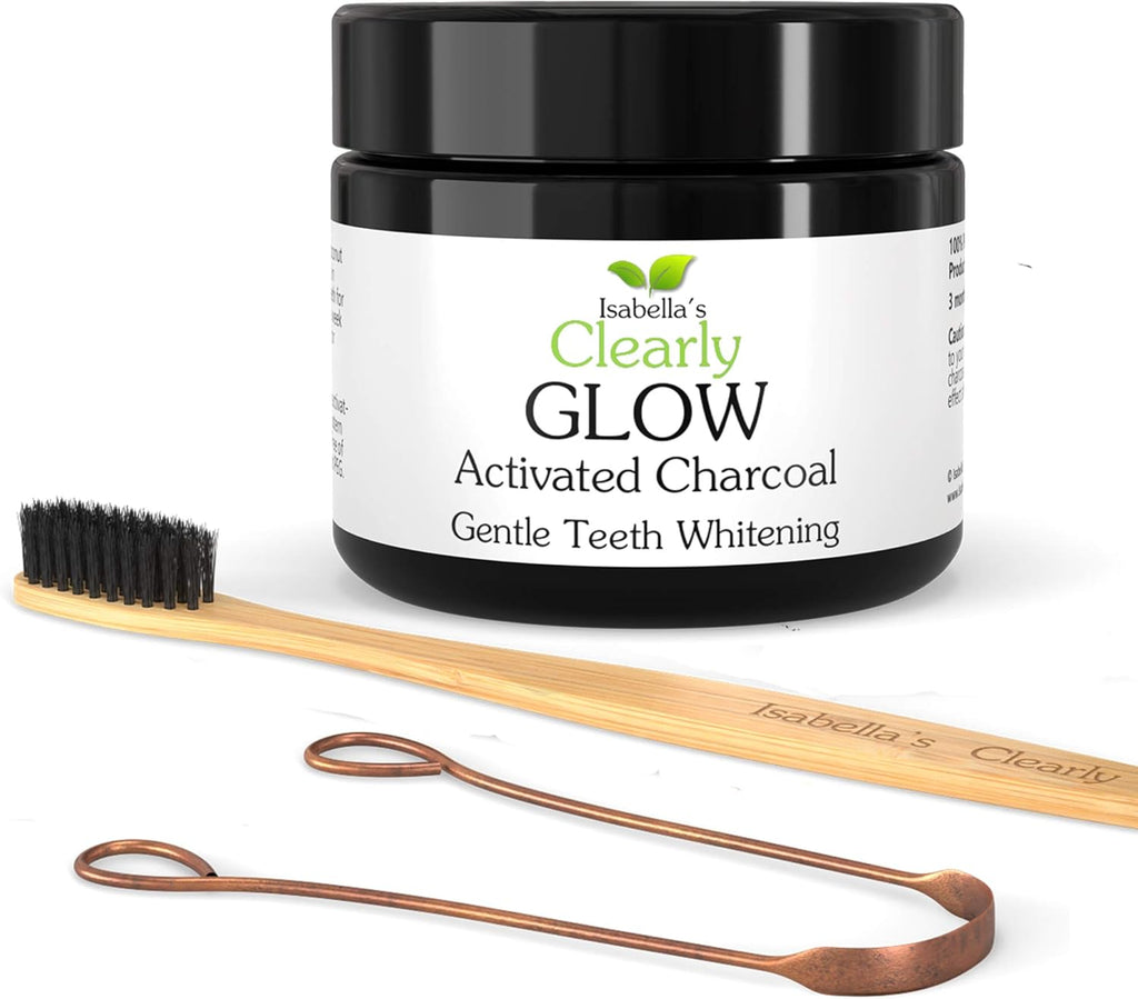 Glow Teeth Whitening Kit (4 Piece) | Pure Food Grade Activated Charcoal Powder + Bamboo Ultra Soft Toothbrush + Copper Tongue Cleaner + Eco Canvas Gift Bag