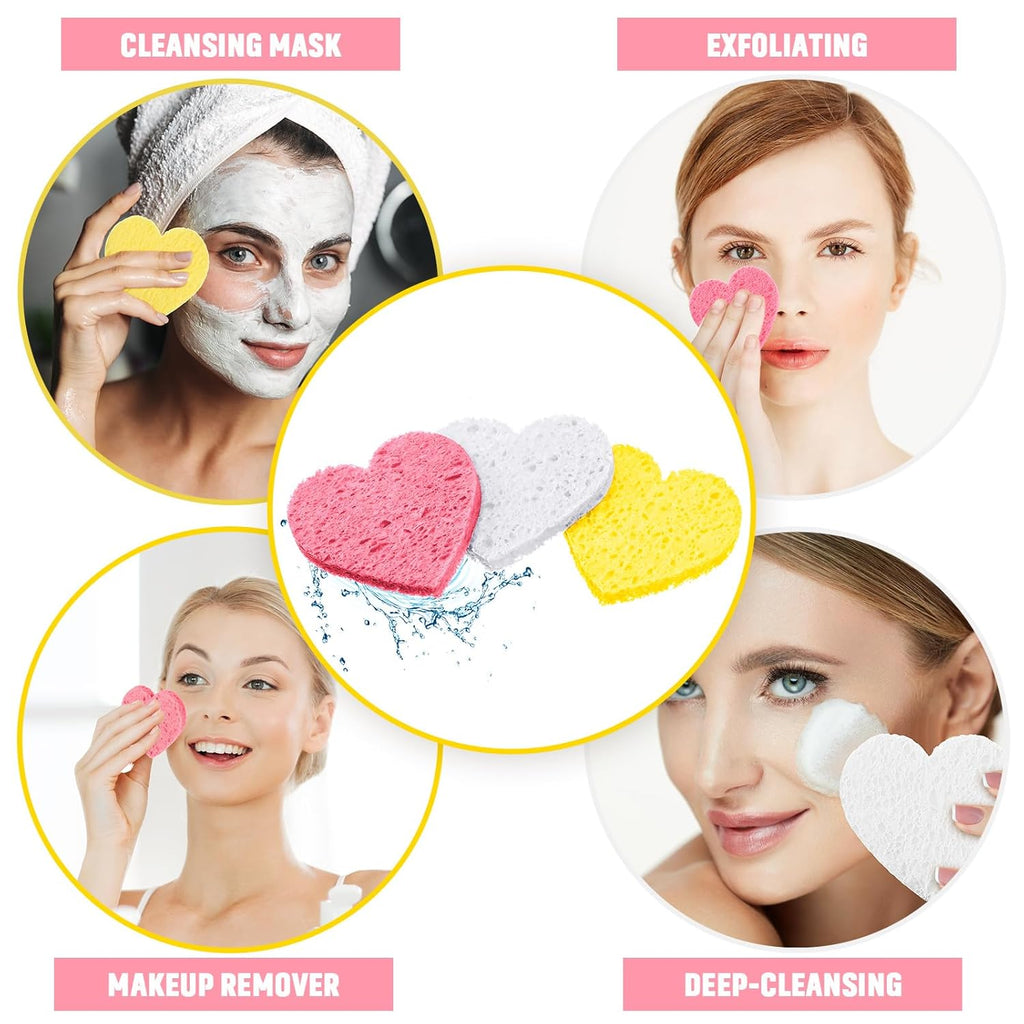 Nuenen 60 Pieces Facial Sponges with Container, Heart Shape Compressed Face Sponges Natural Cleaning Pads for Washing Face Cleaning Exfoliating Esthetician Makeup Removal (Pink,White, Yellow)