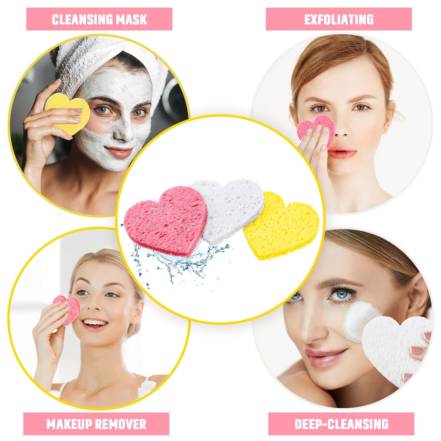 Nuenen 60 Pieces Facial Sponges with Container, Heart Shape Compressed Face Sponges Natural Cleaning Pads for Washing Face Cleaning Exfoliating Esthetician Makeup Removal (Pink,White, Yellow)