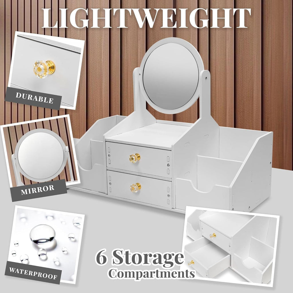 Wooden Makeup Organizer – Countertop Makeup Organizers with Mirror, Drawers – Cosmetic Organizer for Brushes, Skincare – Elegant Make Up Storage Holder for Vanity, Bathroom, Dresser