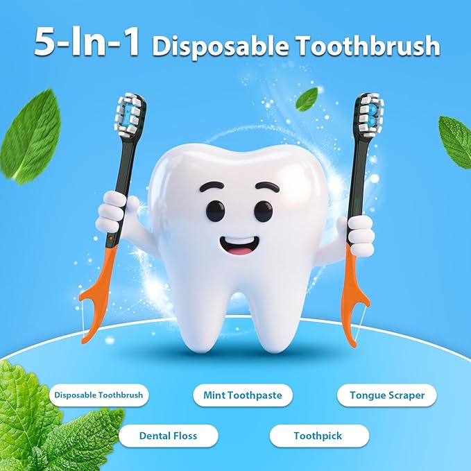 40Pack Disposable Toothbrush with Toothpaste All-in-One Oral Care Prepasted Individually Wrapped 5-in-1 Mini Toothbrush with Toothpick, Flosser, Tongue Cleaner, Perfect for Travel & On-The-Go (40P)
