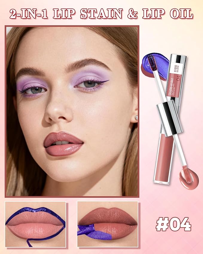 Dual Ended 2 in 1 Peel Off Lip Stain & Lips Gloss Kit, Waterproof Long Lasting Qiciy Tattoo Lip Gloss Color Peel Off Lips Liner, Tinted Liquid Lipstick, Matte & Glossy Womens Makeup-04 Warm Pink