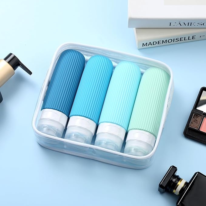 Travel Bottles for Toiletries, Tsa Approved 3oz Portable Travel Bottles, BPA Free Leak Proof Squeezable Silicone Travel Size Containers, Travel Accessories with Clear Toiletry Bag (4 Pack)