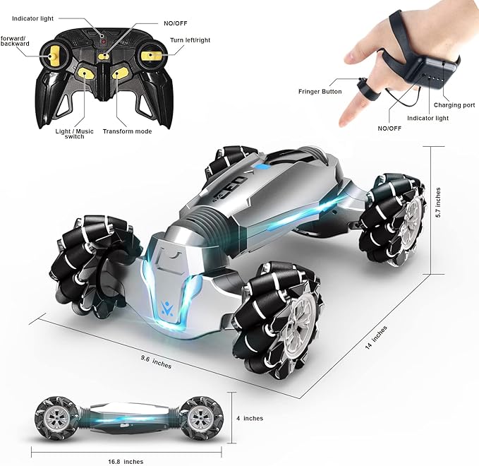 1:10 Scale Gesture Sensing Rc Stunt Car, 4WD Remote Control Hand Controlled Transform , Double Sided Vehicle 360° Spins with Lights Music, All Terrains Monster Truck for Boys Kids
