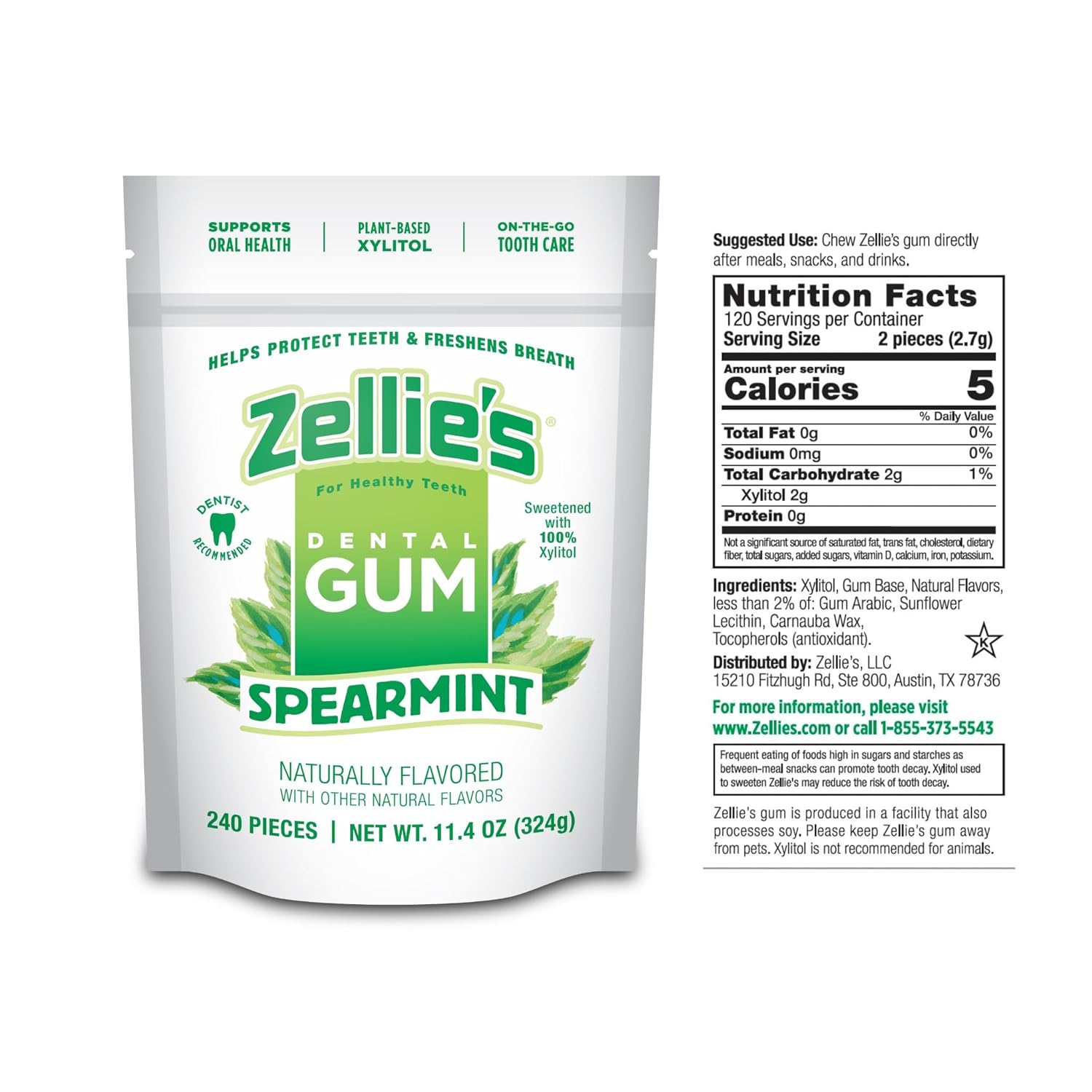 Zellie's | 100% Xylitol Spearmint Chewing Gum | No Aspartame, Gluten Free, Vegan & Kosher (240 Count - Pack of 1)