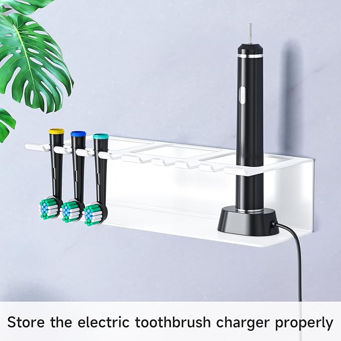 Electric Toothbrush Head Holders, Electric Toothbrush Holders Wall Mounted, Shower Electric Head Holder, Toothbrush and Toothpaste Holder, Adhesive Tooth Brushing Holder for Bathroom (White, Large)