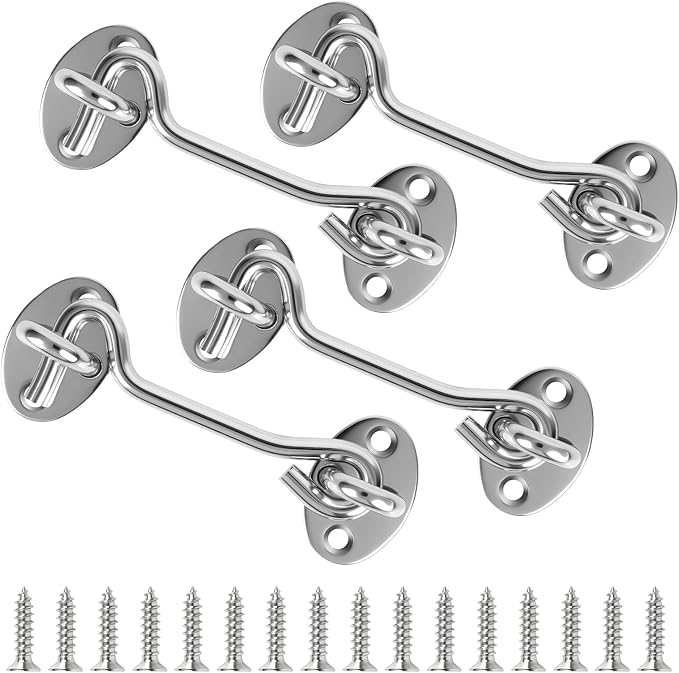 4" Silver Stainless Steel Gate Latch, Barn Door Lock with Screws, Privacy Hook for Inside Door, Fence, Window, 4 PCS