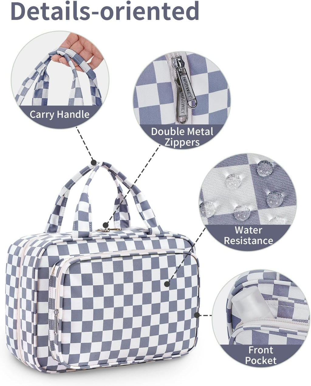 Narwey Hanging Toiletry Bag for Women Travel Makeup Bag Organizer Toiletries Bag for Travel Size Essentials Accessories Cosmetics (Grayish Blue Checkerboard (Medium))