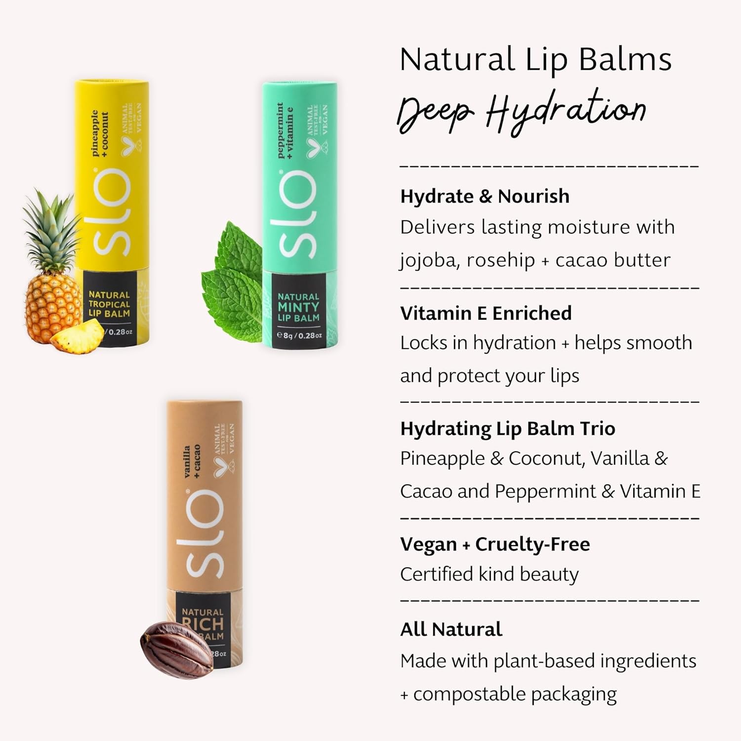 Slo | Natural Lip Balm - All Natural Ingredients, Vegan & Cruelty Free, Hydrating & Soothing, Plastic Free | Pina Colada + Zinc & Peppermint + Vitamin E & Vanilla + Cacao - 3 Pack (3 x 0.28oz/8g)