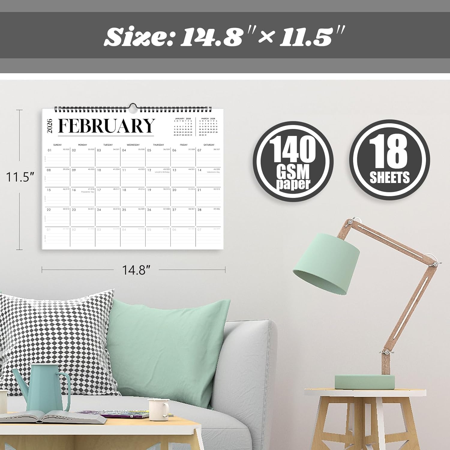 2026 Calendar, Wall Calendar 2026-2027, 18 Month Calendar January 2026 - June 2027, 14.8" X 11.5", Calendar with Twin-Wire Binding, Hanging Hook and Julian Dates (White)