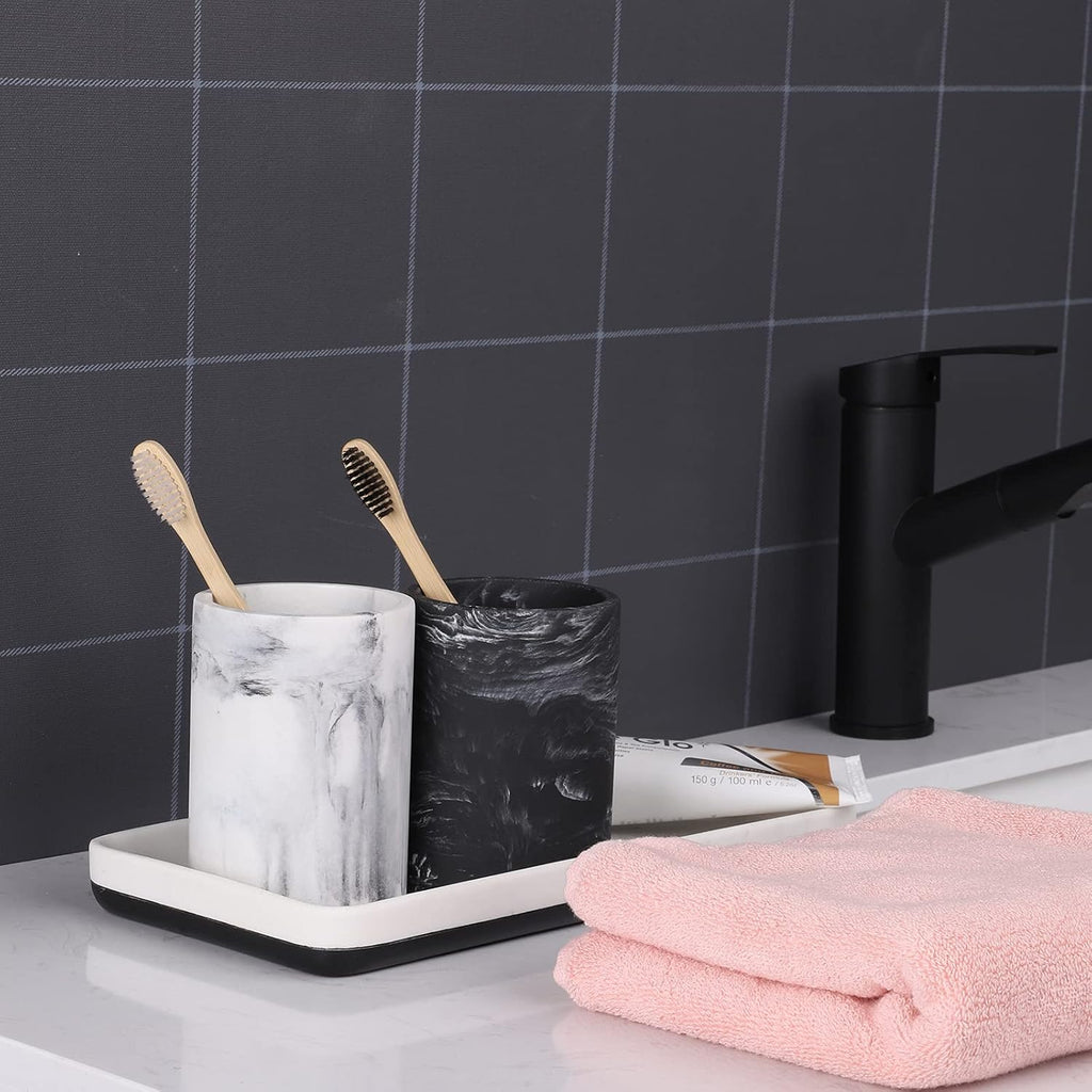 ZCCZ Toothbrush Holder for Bathroom Marble Look, Electric Toothbrush and Toothpaste Organizer, Makeup Brushes Razor Stand, White Marble Design Cup for Countertop Storage and Bathroom Accessories