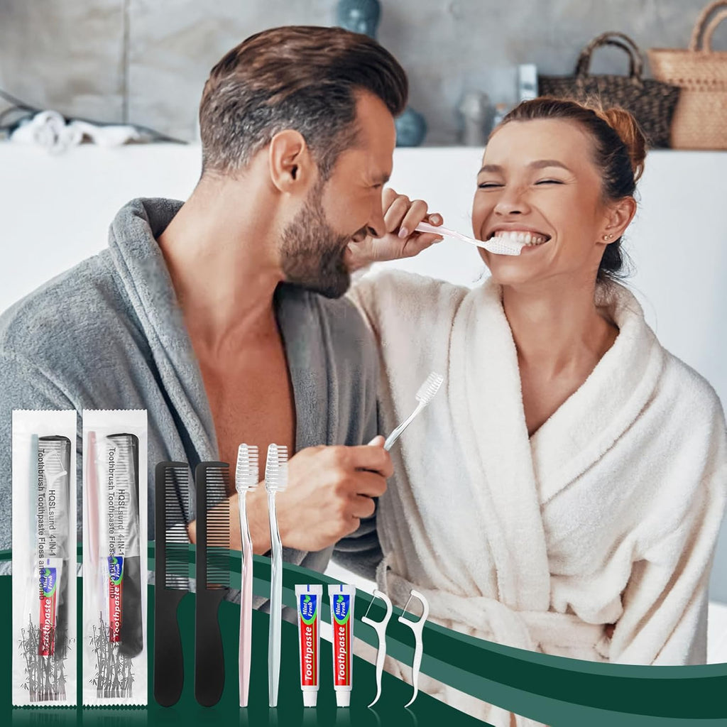 20pcs Disposable Toothbrushes with Toothpaste and Comb Floss Individually Wrapped, 4-in-1 Bulk Toothbrush Kit with 2 Color Toothbrush,10g Toothpaste,7 inch Comb, Floss Pick for Homeless,Hotel