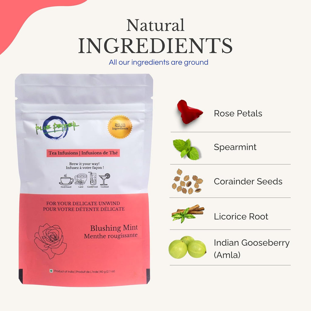 Blue Pepper Mint Tea Infusion | Refreshing Mint Blend with Rose Petals, Coriander, Licorice Root & Amla | Caffeine-Free Natural Beverage