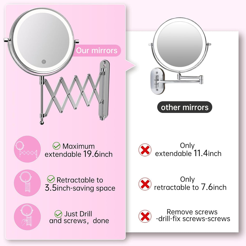 Rechargeable Wall Mounted Makeup Mirror - 8 Inch Double Sided 1X/20X Magnifying Mirror with 3 Color Lights Dimmable Touch Screen, 360°Swivel 19.6 Inch Extendable Accordion Bathroom Mirror