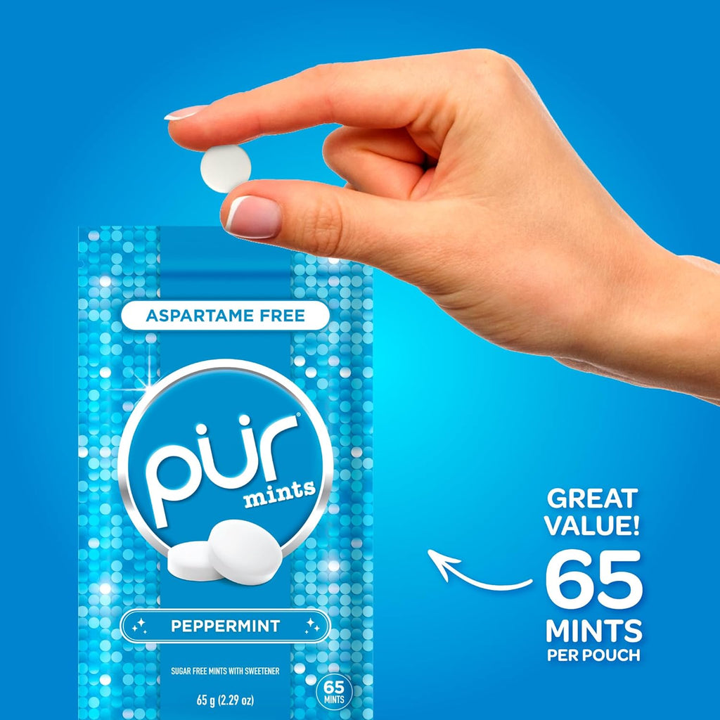 PUR Mints | Aspartame Free Breath Mints | Made with Xylitol | Sugar Free, Vegan, Gluten Free | Natural Peppermint Flavor | 65 Pieces in Re-Sealable pouch (Pack of 1)