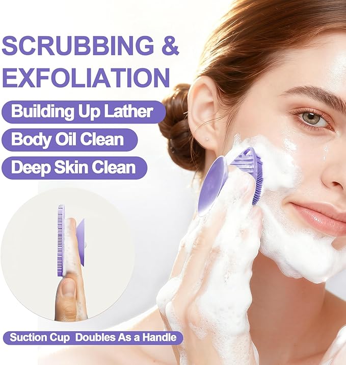 2 Pack Face Scrubbers, Silicone Face Scrubber Soft Bristles, Gentle Lather, Exfoliating & Deep Cleaning for Sensitive Skin, Giant Suction Cup Stick Securely, Easy to Store (Purple)