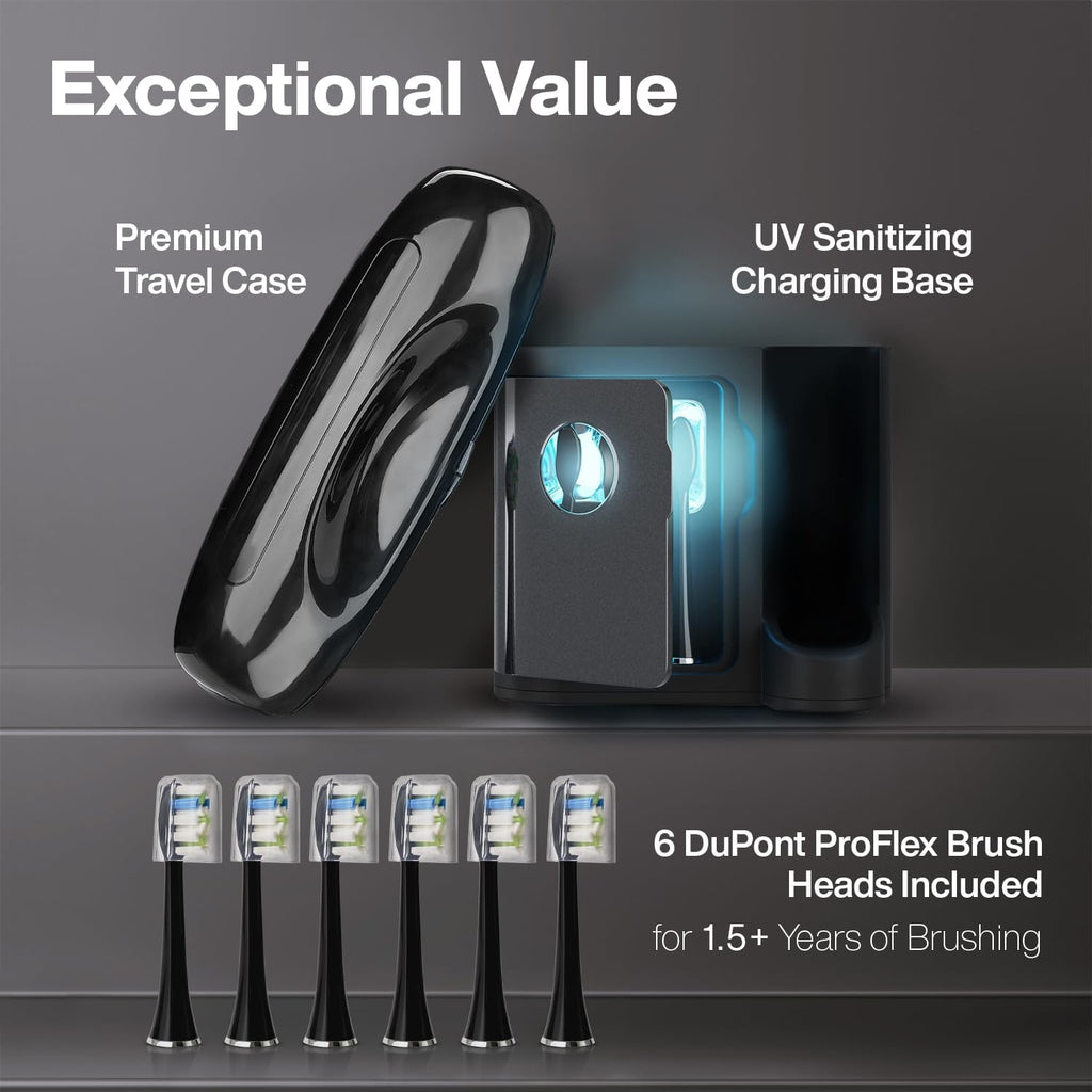 Aquasonic Black Series PRO UV – Ultra-Whitening Electric Toothbrush – 5 Modes & Smart Timers – UV Sanitizing Base, Premium Travel Case & 6 Proflex Brush Heads – ADA Accepted