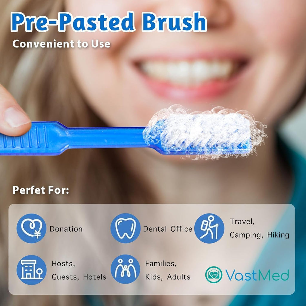 200 Pcs Disposable Pre-Pasted Toothbrushes by Vastmed | Individually Wrapped Pre Pasted Toothbrush | Single Use Waterless Tooth Brush for Hotel, Camping, Homeless Gift