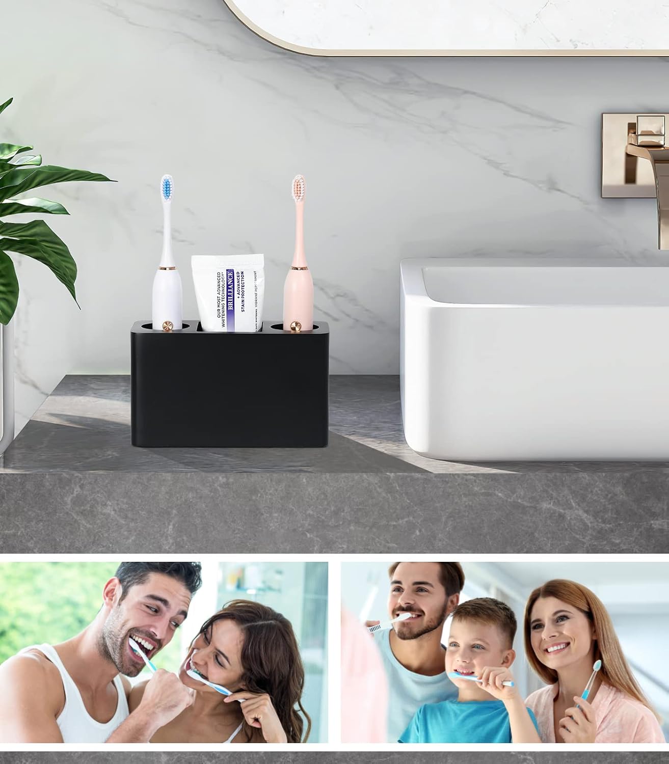Luxspire Toothbrush Holder, 3 Slots Electric Toothbrush and Toothpaste Holder, Resin Bathroom Countertop Storage Bathroom Accessories Toothbrush Stand for Vanity Counter Organizer Caddy - Black