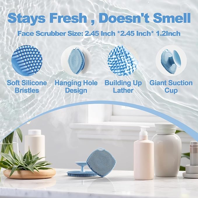 2 Pack Face Scrubbers, Silicone Face Scrubber Soft Bristles, Gentle Lather, Exfoliating & Deep Cleaning for Sensitive Skin, Giant Suction Cup Stick Securely, Easy to Store (Pink + Blue)