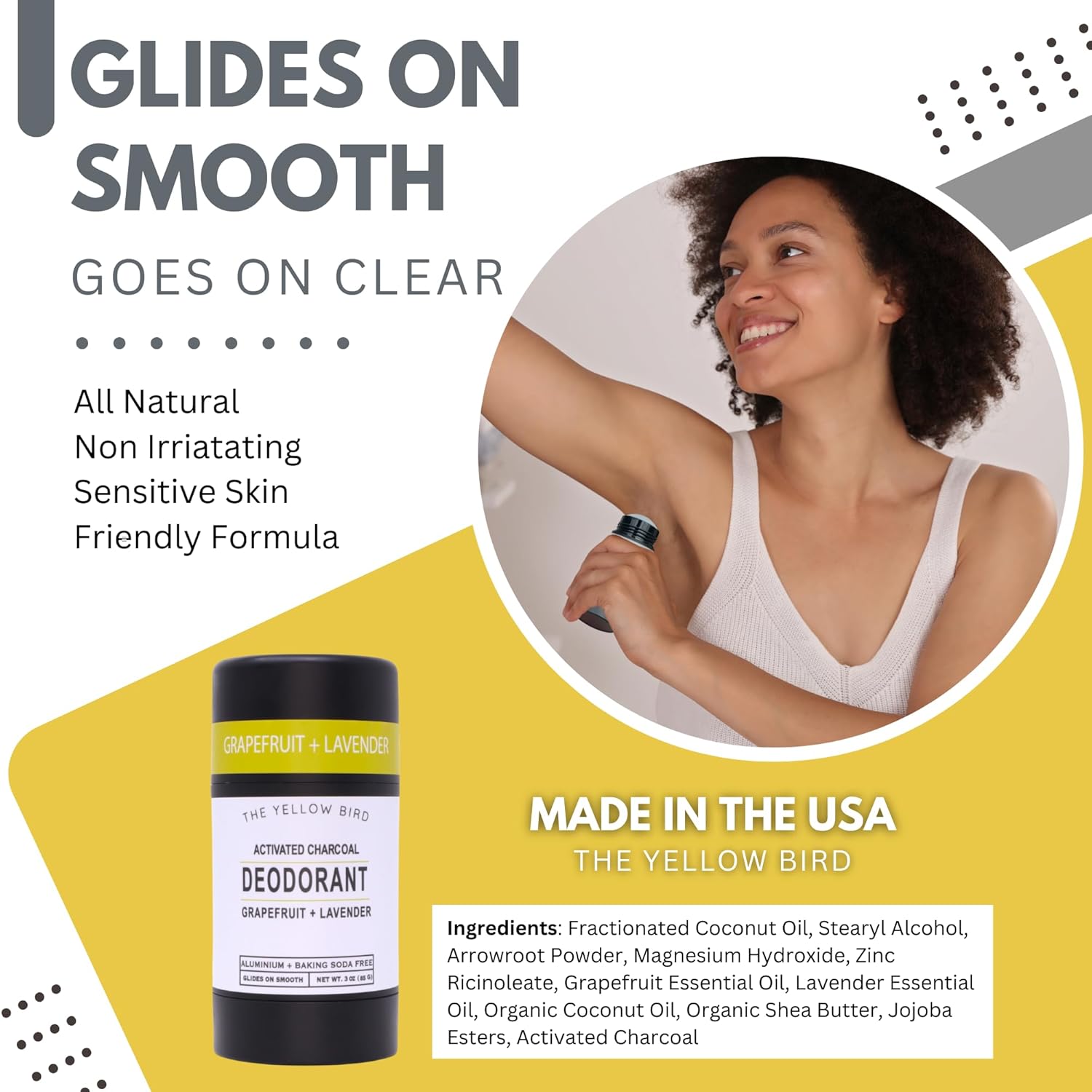 Natural Charcoal Deodorant - Baking Soda & Aluminum Free, For Men & Women, Sensitive Skin Friendly, Vegan, with Lavender, Grapefruit Essential Oils | 3oz | Made in USA