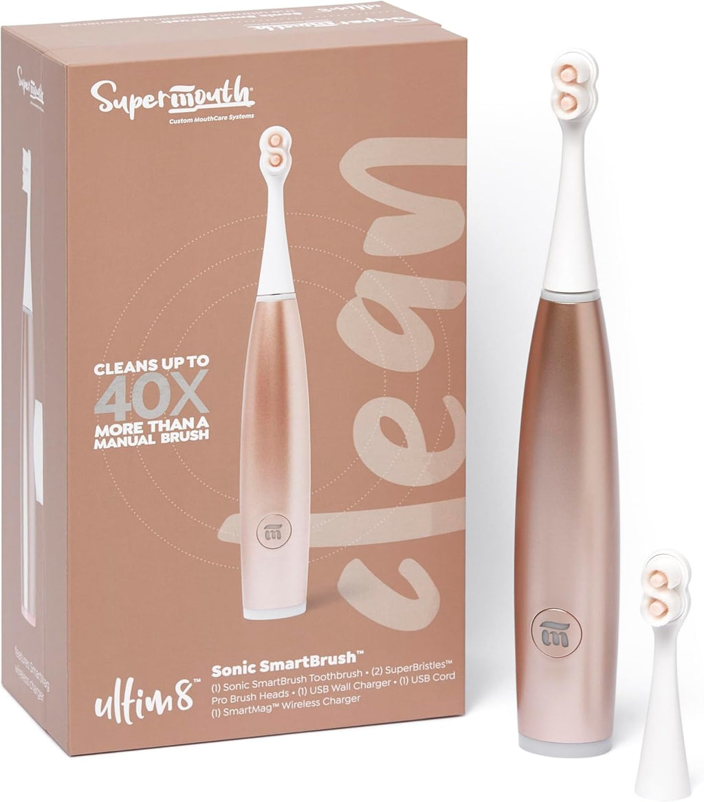 SuperMouth® ULTIM8 SmartBrush™ Electric Toothbrush - Patented SuperBristles® Clean Teeth 40X Better, Dual Sonic Modes, Pressure Sensor, Stunning Design - Teens & Adults - Rose Gold