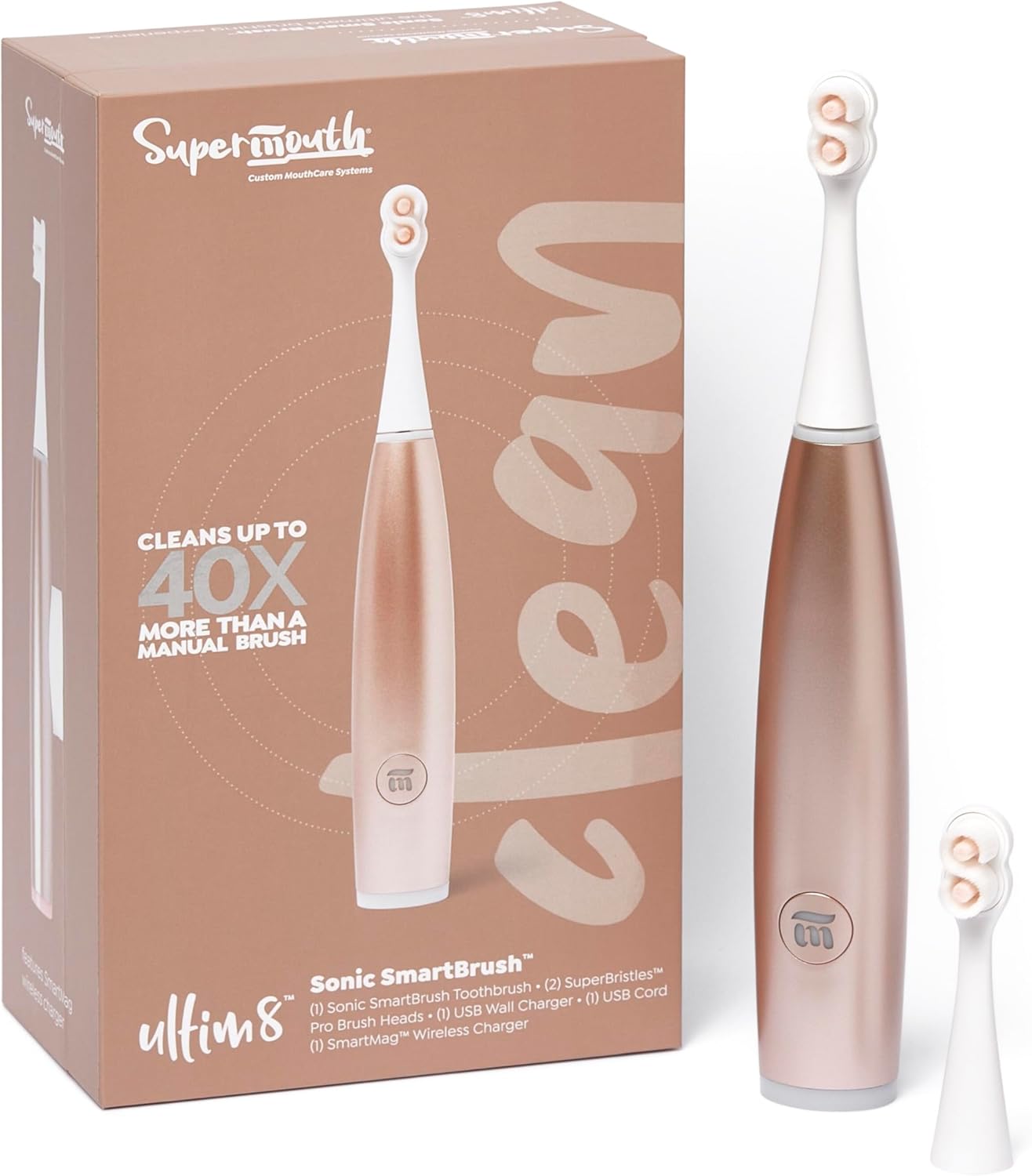 SuperMouth® ULTIM8 SmartBrush™ Electric Toothbrush - Patented SuperBristles® Clean Teeth 40X Better, Dual Sonic Modes, Pressure Sensor, Stunning Design - Teens & Adults - Rose Gold