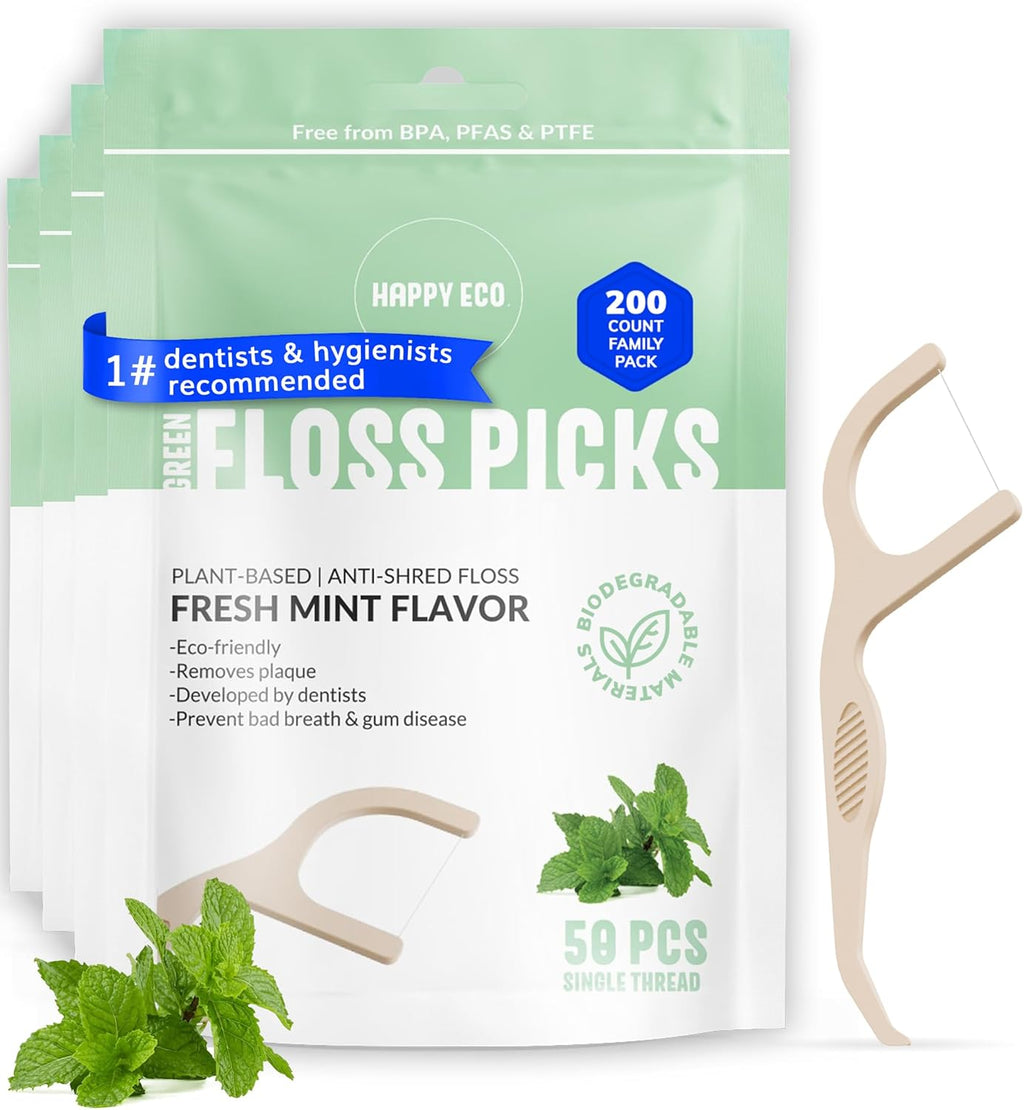 Floss Picks Biodegradable (200pcs) - Natural Dental Floss Picks, Vegan, Sustainable, Reusable, Shred Resistant and Nontoxic Plant-Based Material - Single Thread Mint