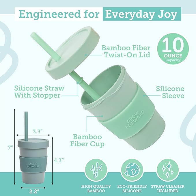 Grow Forward Bamboo Kids Cups with Lids and Straws - 10oz Drinking Cups for Kids with Childproof Twist Lids & Silicone Straws - Eco Friendly, BPA Free, Non Toxic & Dishwasher Safe - Rainforest