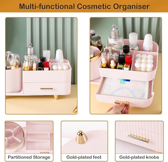 Rotating Makeup Organizer for Vanity with Brush Holder and Drawer, Cosmetic Makeup Storage, Large Spinning Makeup Skincare Organizer, Countertop Makeup Perfume Organizer, Lotions Display Case (Pink)