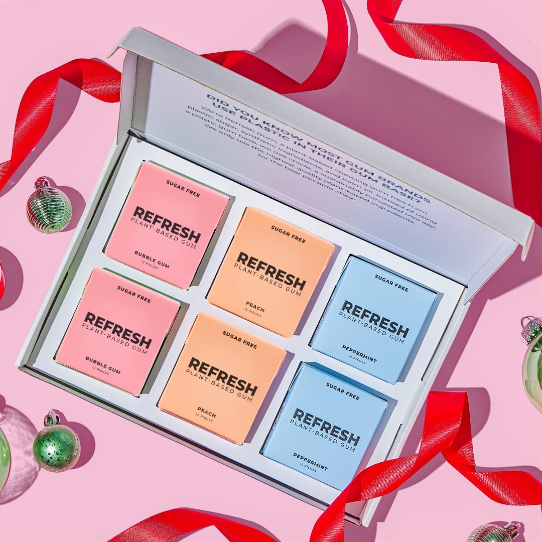 Refresh Gum, Xylitol, Sugar Free, Natural, Chewing Gum, Natural Flavors & Organic Ingredients, Plant-Based, Non GMO, Gluten Free, Vegan, Peppermint, Bubble Gum & Peach, 12 Pcs, 6 Pack