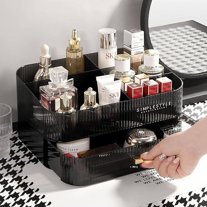 Makeup Organizer for Vanity, Large Desk Organizer with Stackable Drawer for Cosmetics, Skincare, Lipsticks, Palette, Nail Care, Ideal Storage for Dresser and Bathroom Countertop- Black