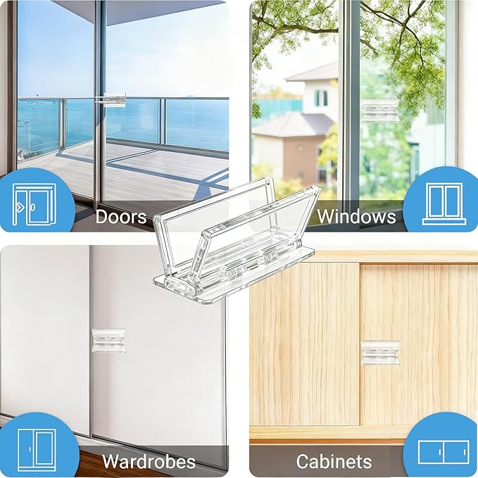 2 Pack Sliding Door Lock Window Locks, for Sliding Glass Doors & Windows, Sliding Closet Door stoppers, Easy to Installation Provides More Security for Your Baby and Pets (Clear)