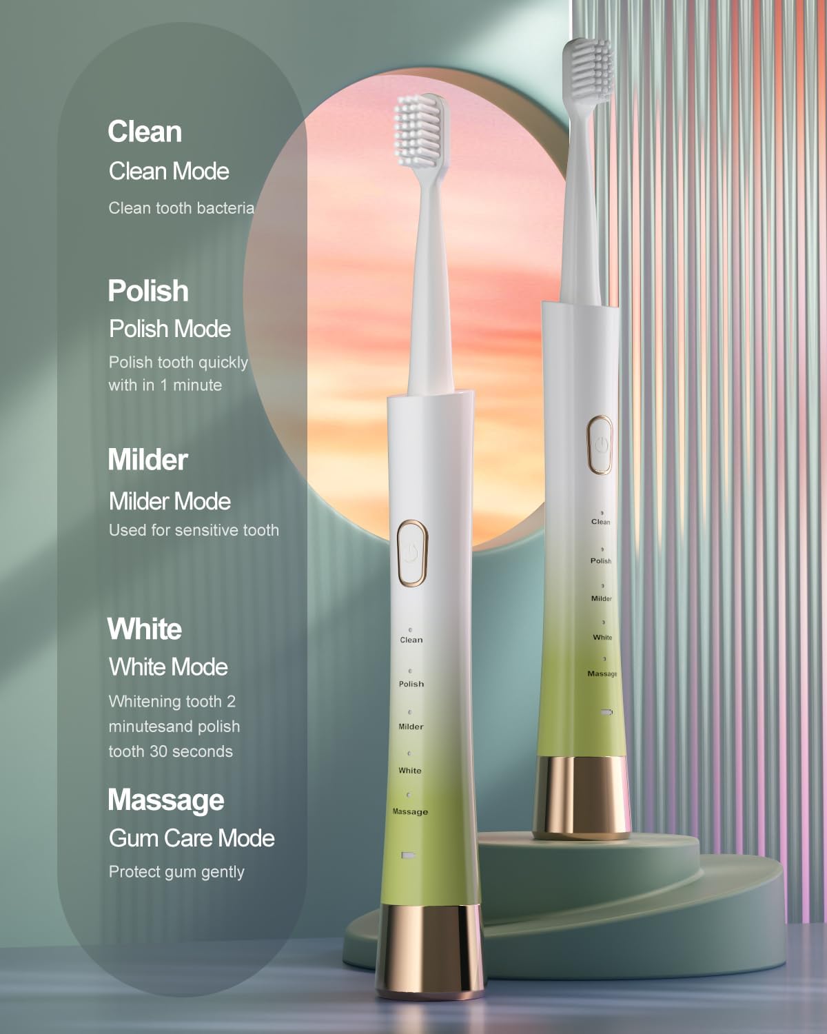 Upgrade Sonic Electric Toothbrush for Adults, 8 Replacement Brush Heads, Rechargeable Electric Toothbrush with 2-Minutes Timer IPX7 Water-Proof, for Indoor & Outdoor, White & Green Gradient