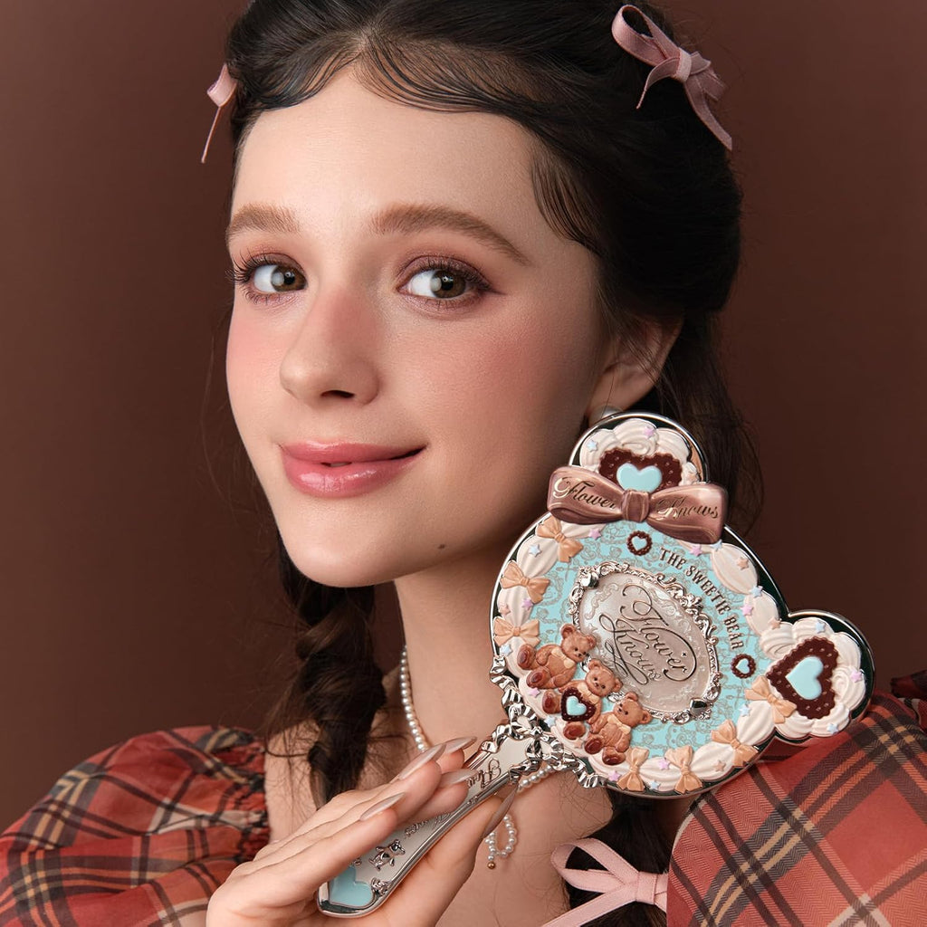 Flower Knows The Sweetie Bear Hand Mirror,Vintage Portable Handheld Mirror,Fancy & Pretty Princess Mirror with Long Handle,Gift for Girls(Minty Blue)