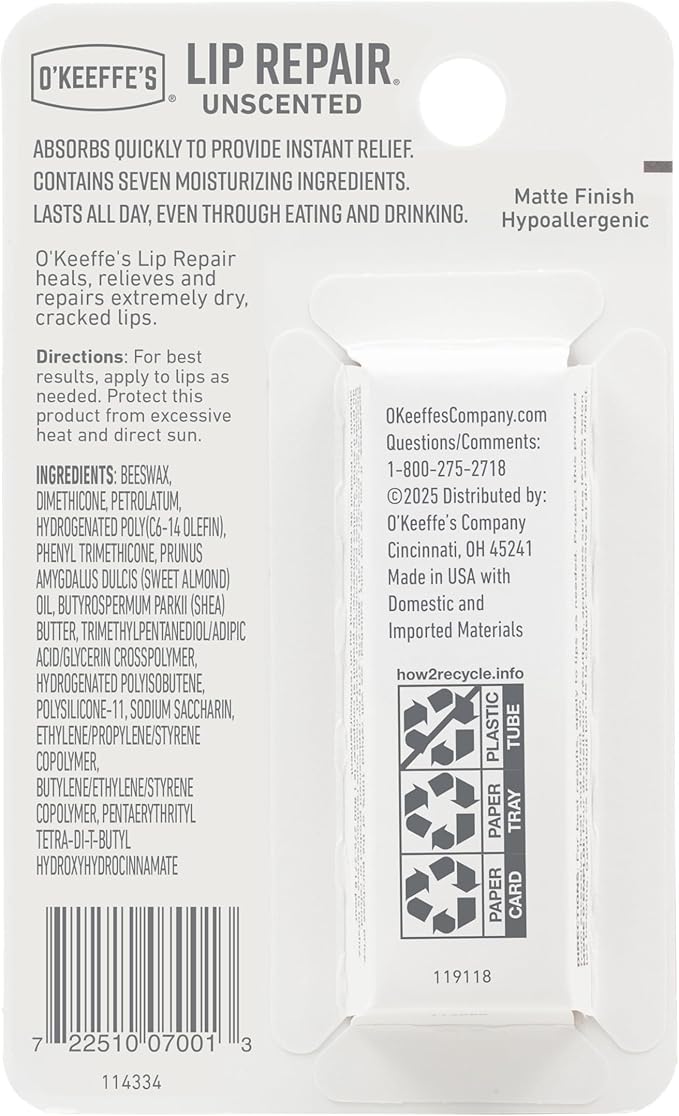 O'Keeffe's Lip Repair Unscented Lip Balm for Dry, Cracked Lips - Stick (1 Pack) - Moisturizer for Very Dry Lips