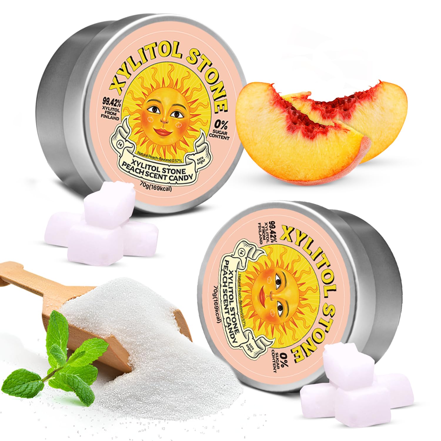 Xylitol Stone Sugar Free Candy - Vegan & Keto Friendly Unique Hard Candy - 100% Natural Flavor Candies - Gluten Free & Non-GMO Breath Freshener Low Calorie Mints - Peach (Pack of 2)