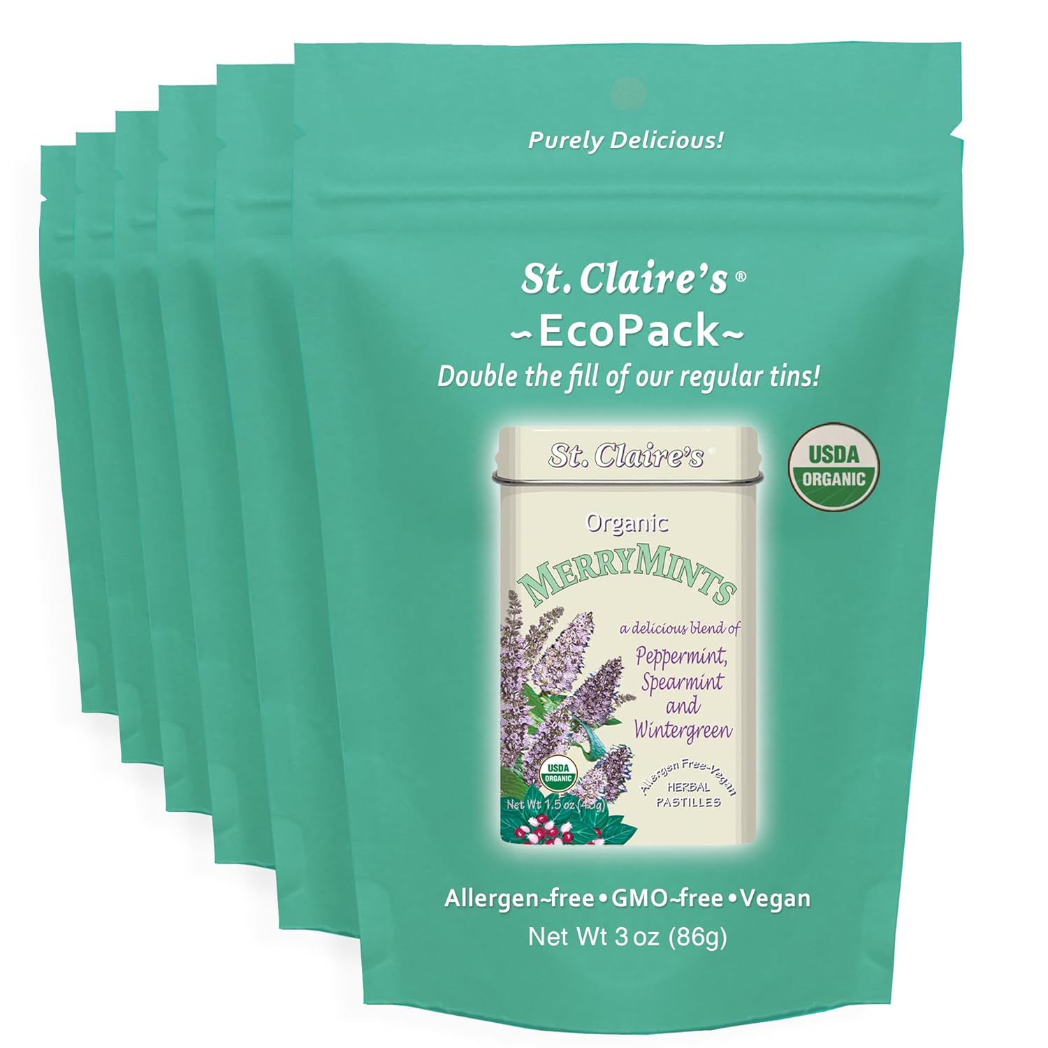 St. Claire’s Organic MerryMints – 6-Pack EcoPack, 3 oz Each | Certified Organic, Vegan, Gluten-Free, Allergen-Free, Non-GMO, Low Calorie, Plant-Based | Made in USA